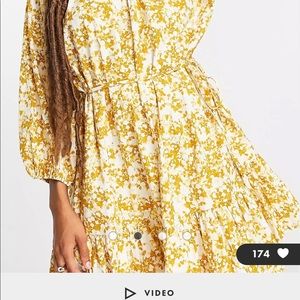 Topshop belted long sleeve floral dress in mustard